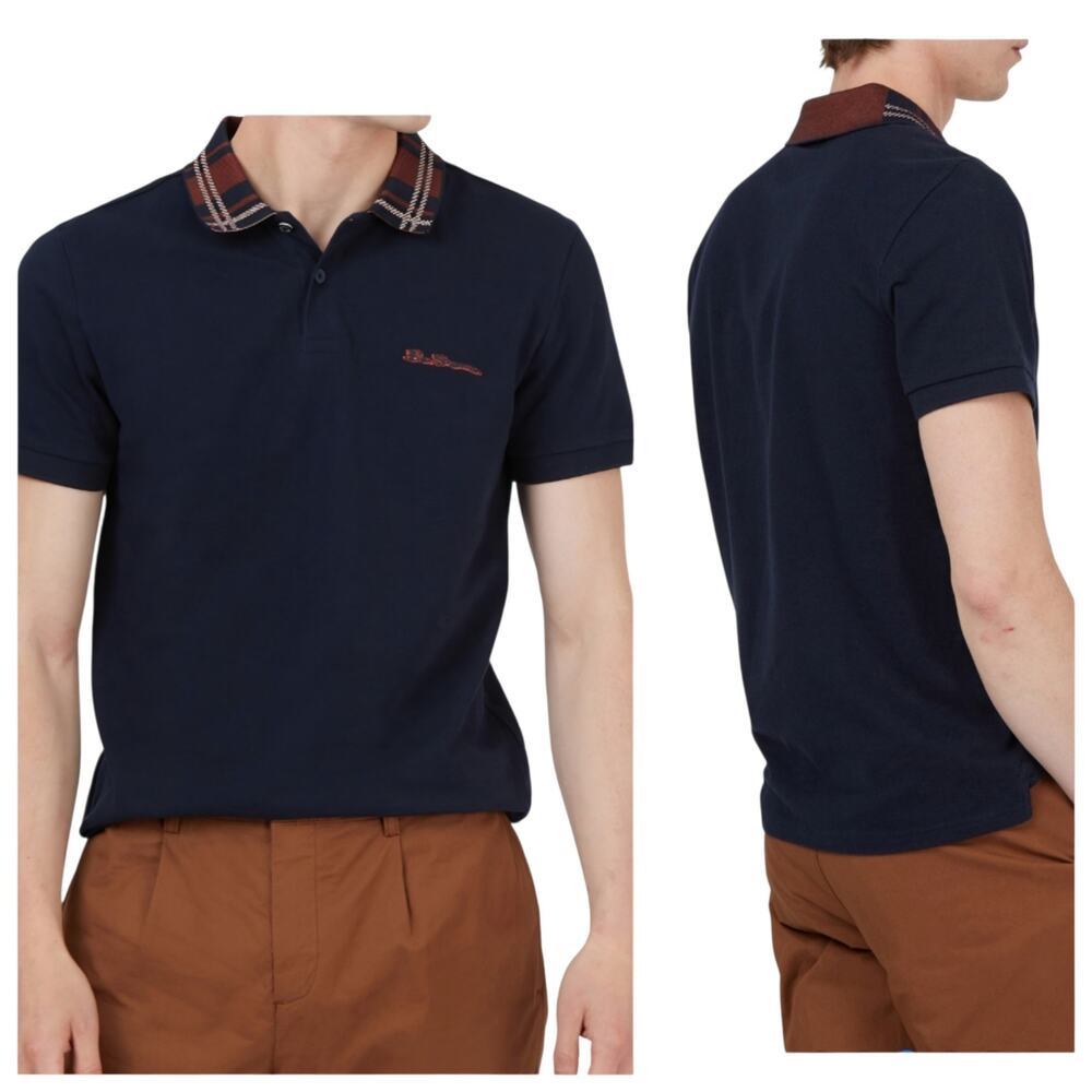 Ben Sherman Pique Polo Shirt Navy Blue with Tartan Plaid Design Collar sz L - Picture 2 of 11